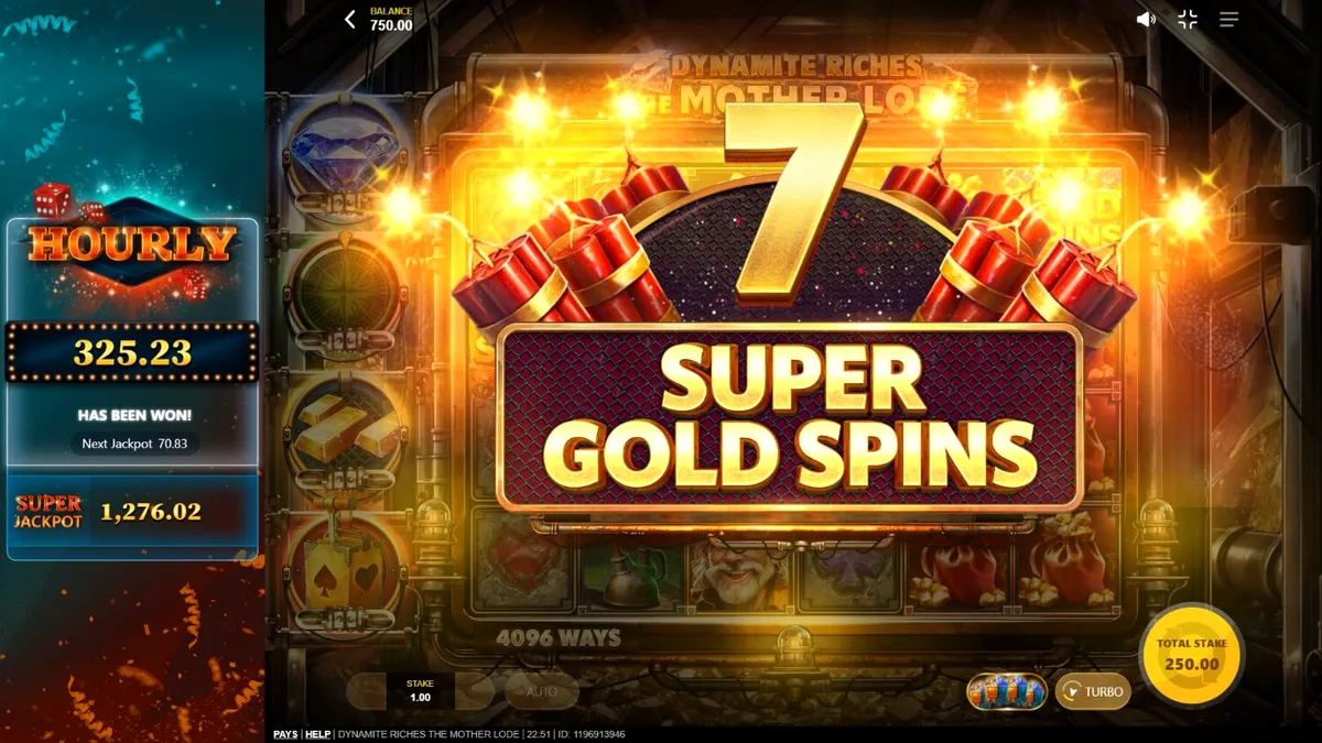 หน้าจอเกมสล็อต Dynamite Riches The Mother Lode ที่แสดงสัญลักษณ์เหมืองทองและไดนาไมต์