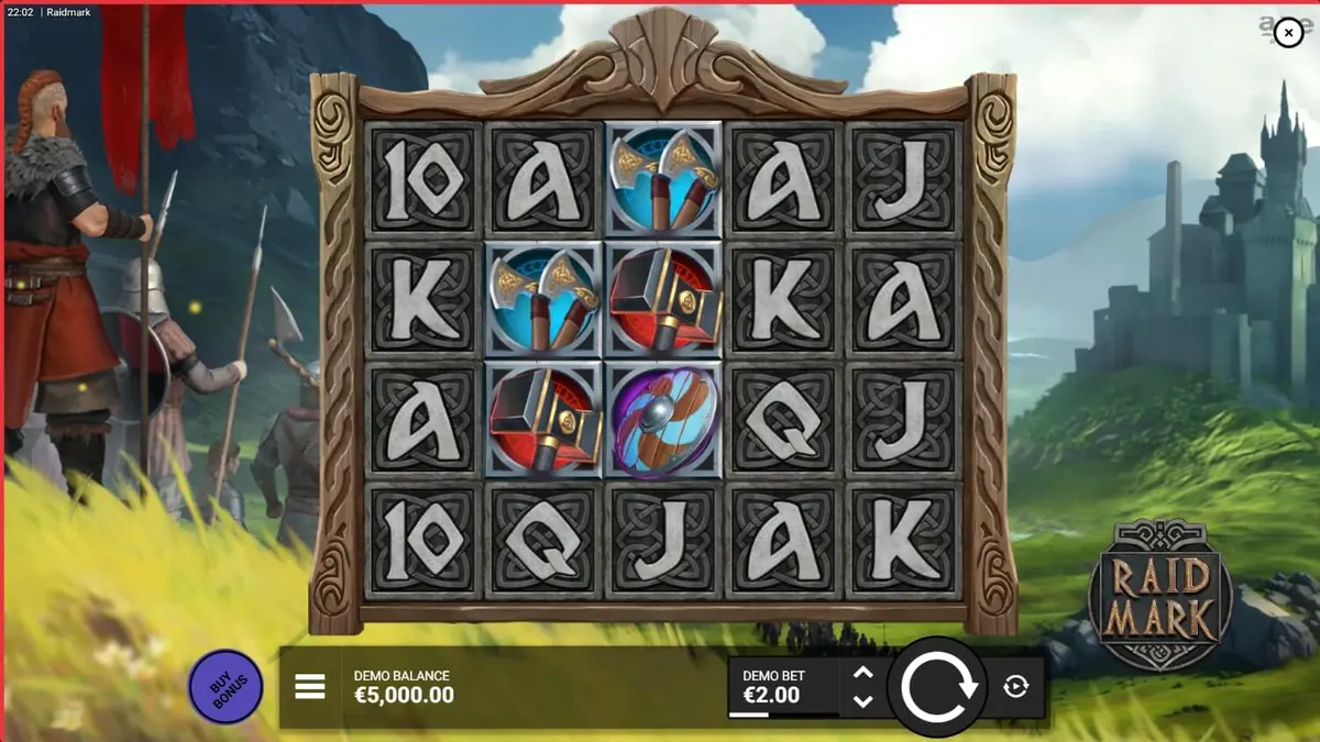 Raidmark slot game interface with Viking theme and gritty cartoon visuals