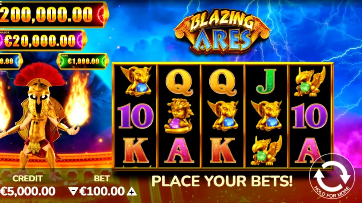 Blazing Ares slot machine interface with Greek god of war theme