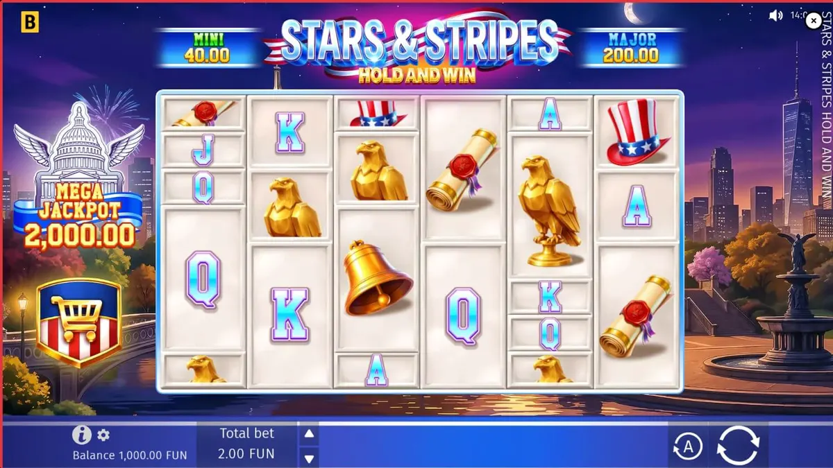 Stars & Stripes Hold and Win slot game interface with patriotic symbols