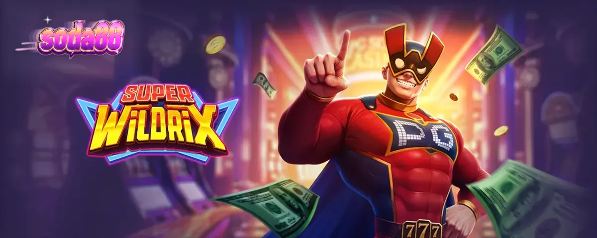 ภาพกราฟิกของสล็อต Super Wildrix ในธีมซูเปอร์ฮีโร่และเมืองนีออน
